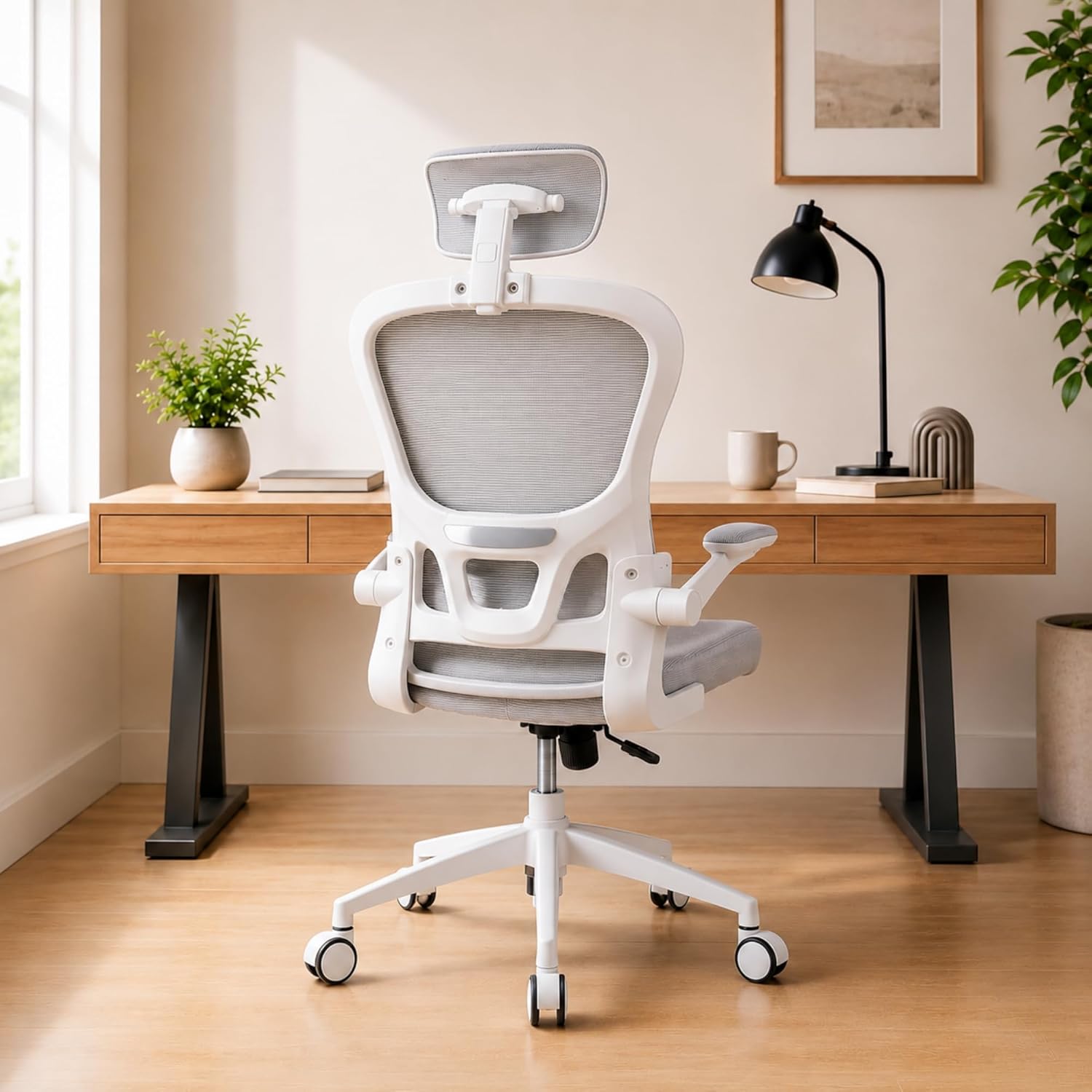 Cadeira de Escritório Ergonômica com Suporte Lombar e Encosto Ajustável - Malha Mesh Respirável (Cinza)