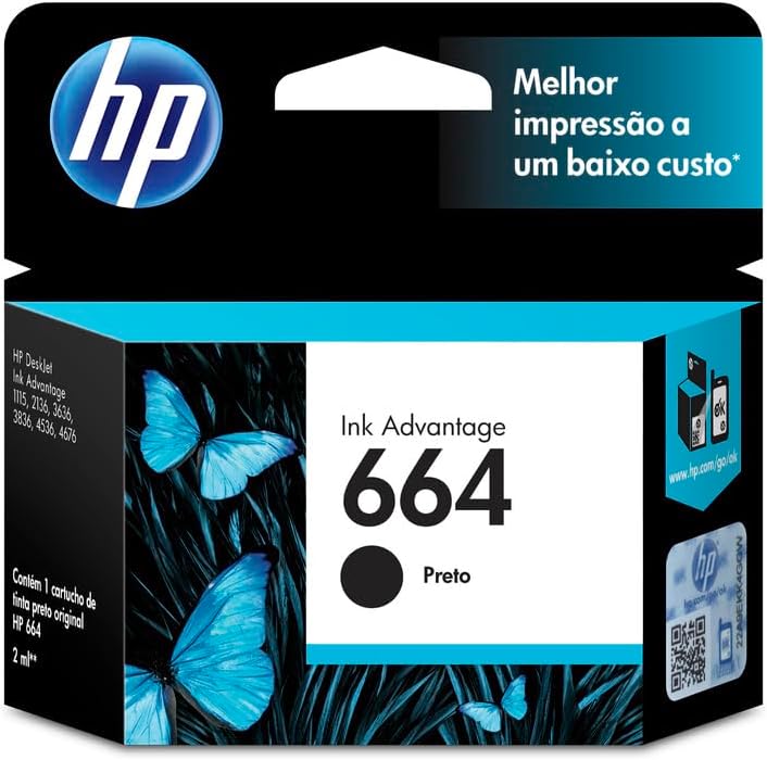 Cartucho de Tinta HP 664 Preto Original (F6V29AB) para Impressoras HP Deskjet