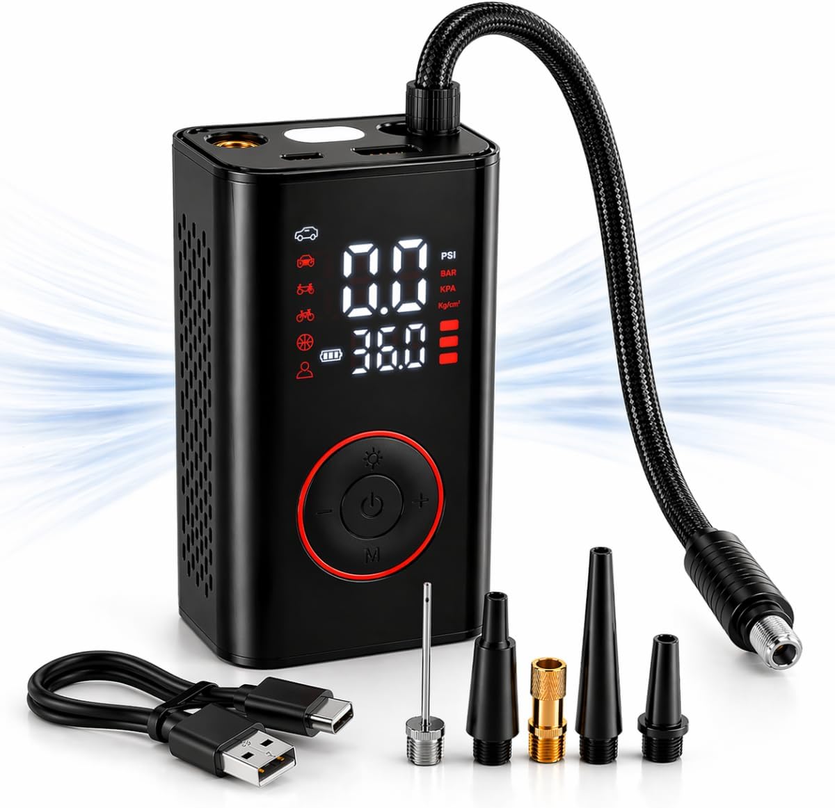 Compressor de Ar Portátil Mini Digital Sem Fio para Pneus de Carro, Moto, Bike e Infláveis