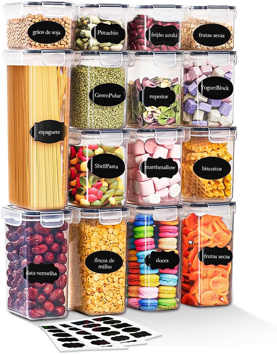 Kit 15 Potes Herméticos para Alimentos - Organizador de Cozinha