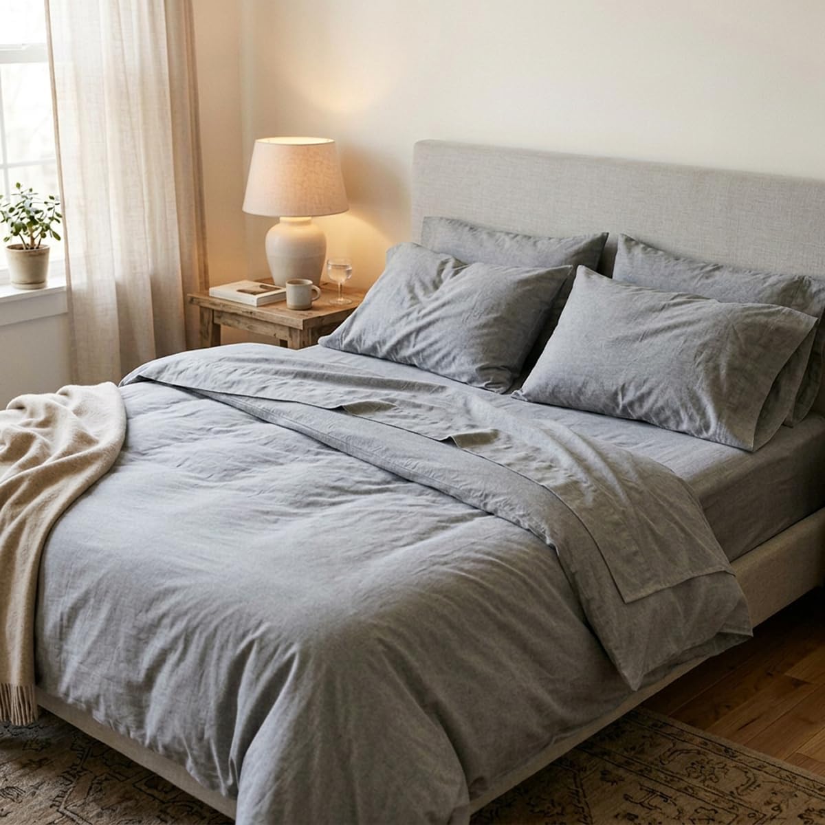 Kit Cama Lençol Completo 4 Peças 400 Fios Percal Antialérgico Toque Seda Cinza - Casal