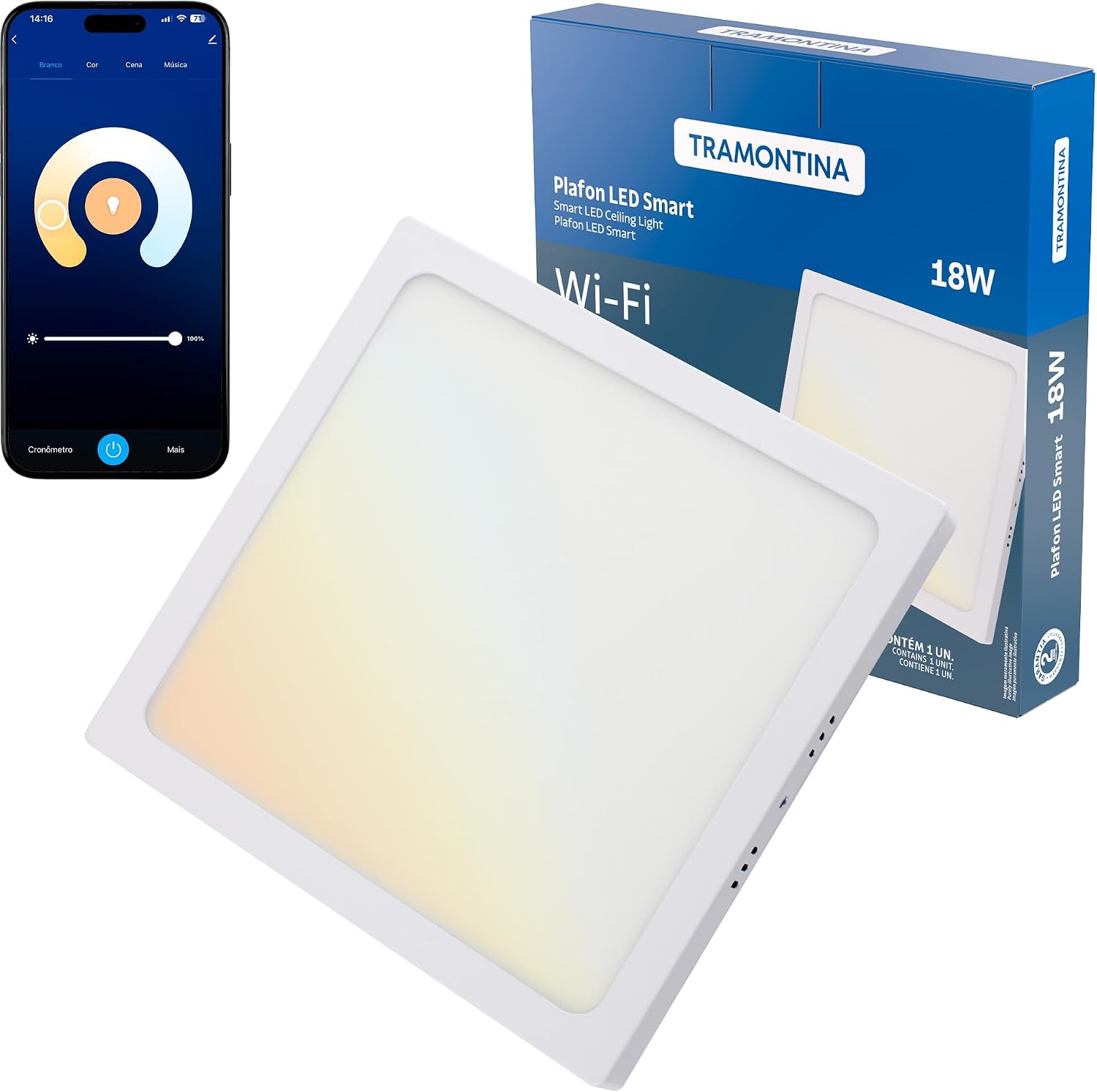 Tramontina Plafon Smart LED Quadrado 18W Wi-Fi + Bluetooth - Compatível com Alexa e Google Assistente